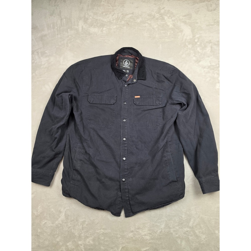 Volcom Jacket Mens XL Black Corduroy Collar Quilted Lining Snap Front Skate Read